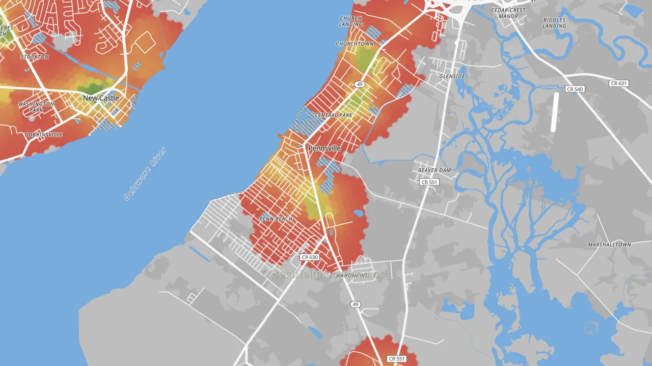 Walk Grade map of Pennsville, NJ, walkable areas in green and car-dependent areas in red