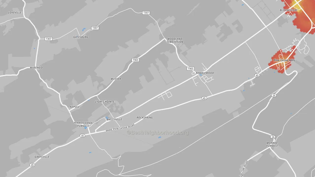 Walk Grade map of Pennsylvania Furnace, PA, walkable areas in green and car-dependent areas in red