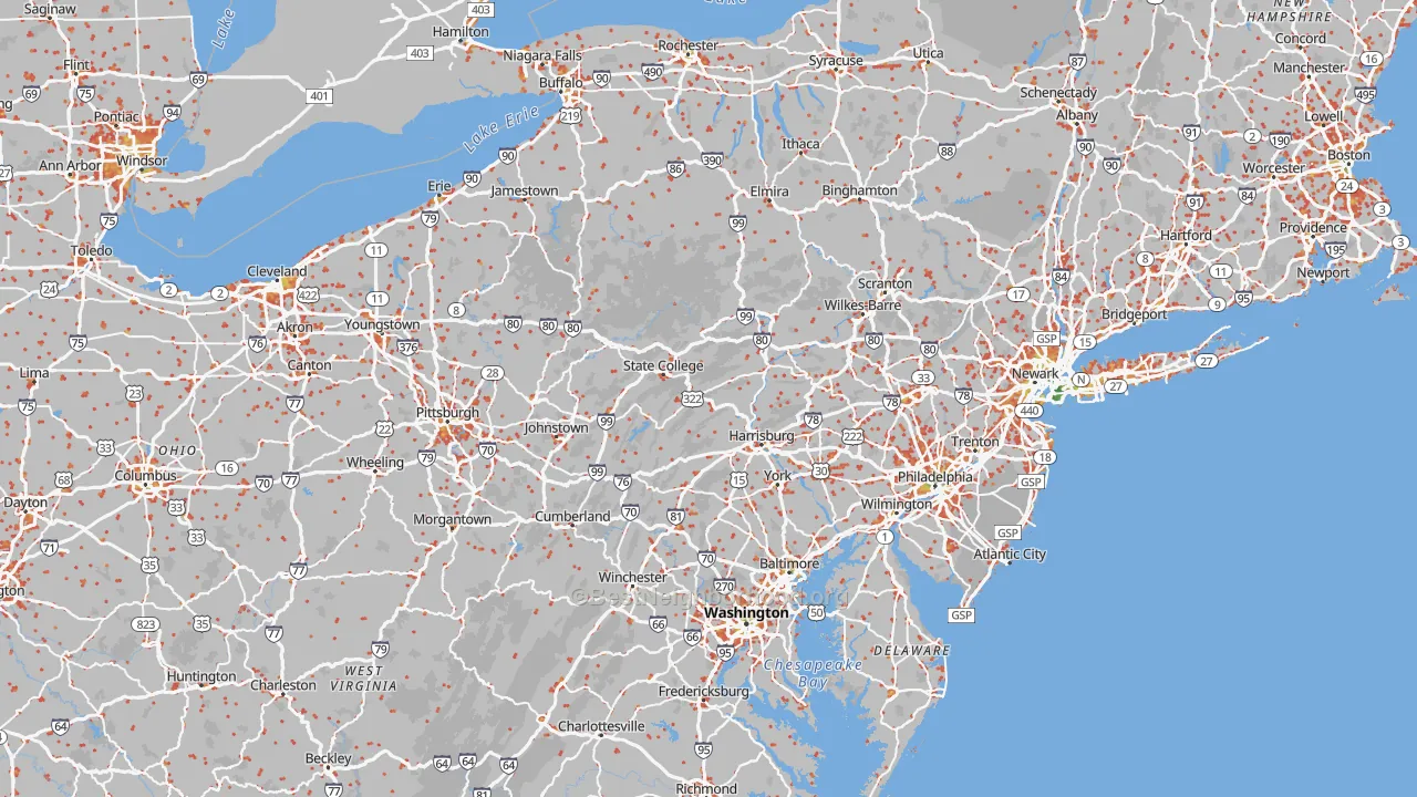Walk Grade map of Pennsylvania, walkable areas in green and car-dependent areas in red
