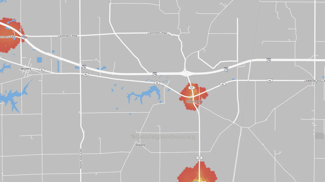 Walk Grade map of Penntown, IN, walkable areas in green and car-dependent areas in red