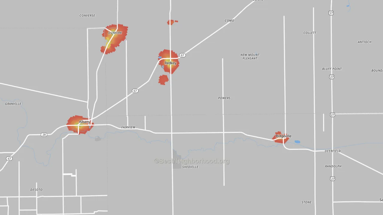 Walk Grade map of Pennville, IN, walkable areas in green and car-dependent areas in red