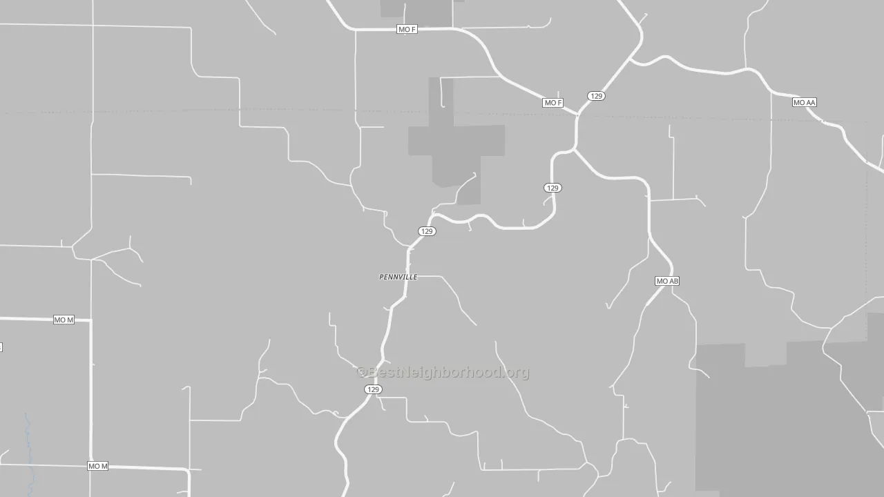 Walk Grade map of Pennville, MO, walkable areas in green and car-dependent areas in red