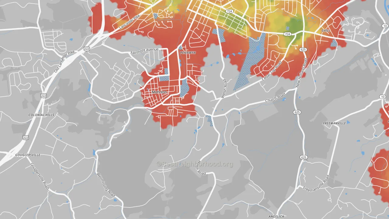 Walk Grade map of Pennwyn, PA, walkable areas in green and car-dependent areas in red