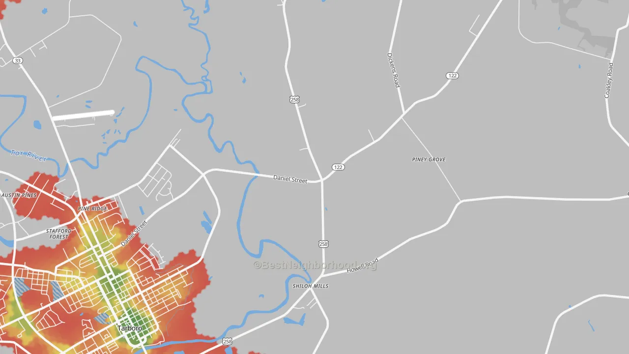 Walk Grade map of Penny Hill, NC, walkable areas in green and car-dependent areas in red