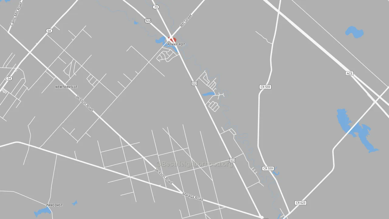 Walk Grade map of Penny Pot, NJ, walkable areas in green and car-dependent areas in red