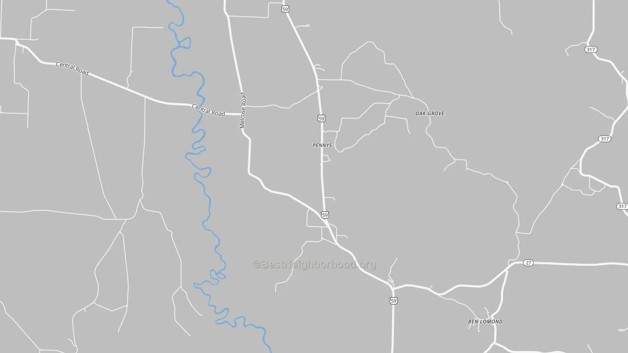 Walk Grade map of Pennys, AR, walkable areas in green and car-dependent areas in red