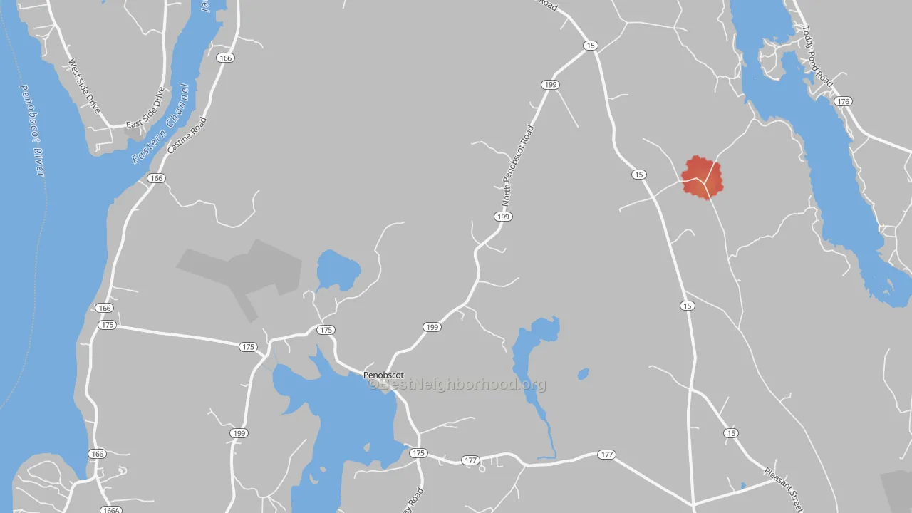 Walk Grade map of Penobscot, ME, walkable areas in green and car-dependent areas in red