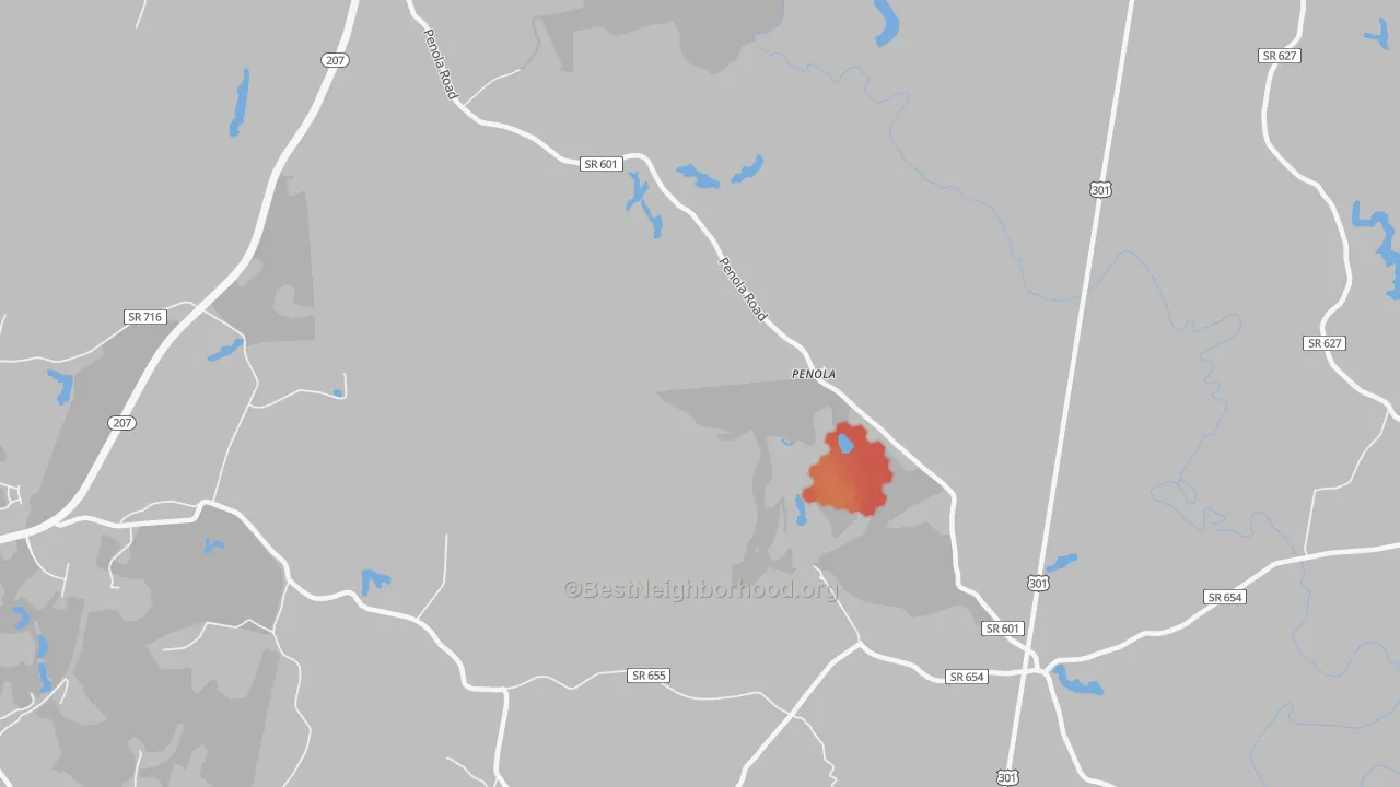 Walk Grade map of Penola, VA, walkable areas in green and car-dependent areas in red