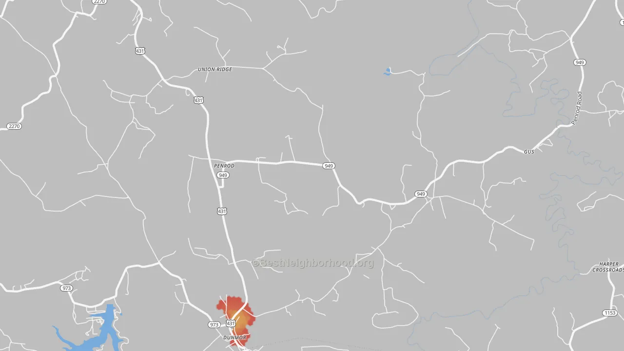 Walk Grade map of Penrod, KY, walkable areas in green and car-dependent areas in red