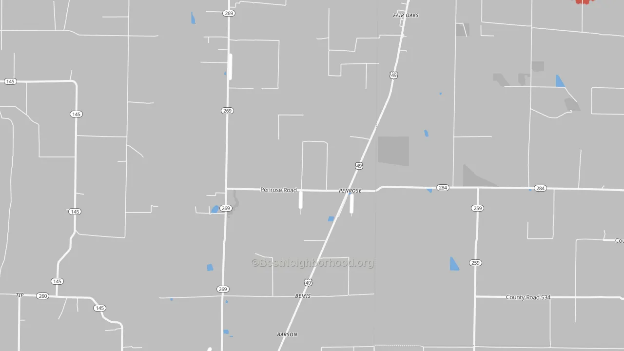 Walk Grade map of Penrose, AR, walkable areas in green and car-dependent areas in red