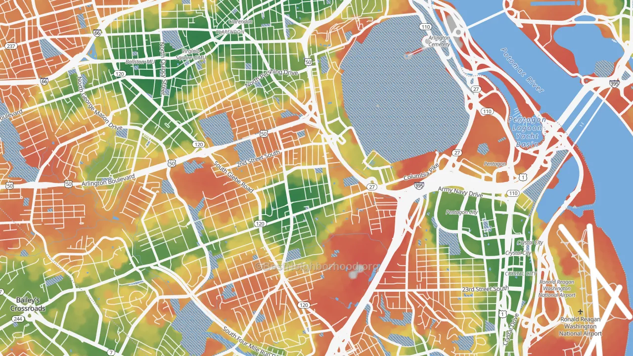 Walk Grade map of Penrose, Arlington, VA, walkable areas in green and car-dependent areas in red