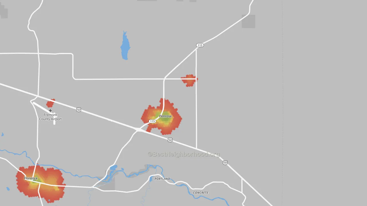 Walk Grade map of Penrose, CO, walkable areas in green and car-dependent areas in red