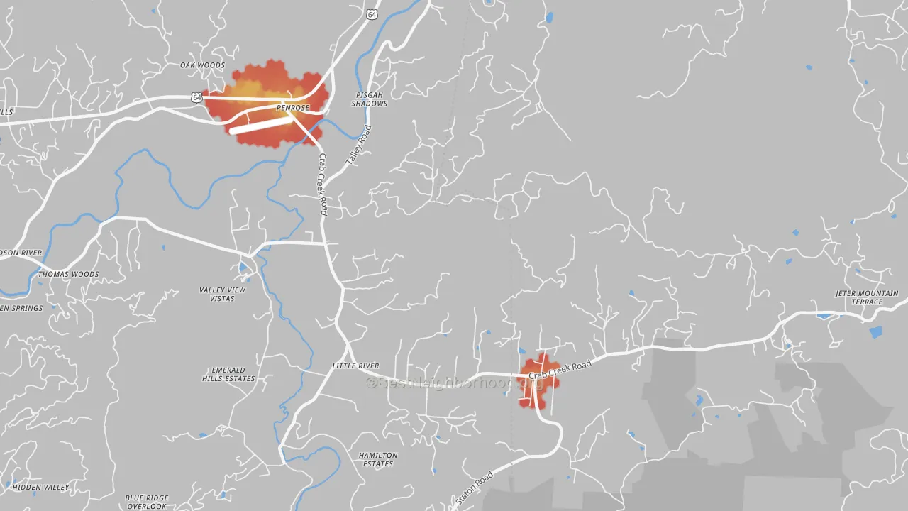 Walk Grade map of Penrose, NC, walkable areas in green and car-dependent areas in red