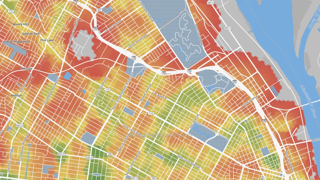 Walk Grade map of Penrose, St. Louis, MO, walkable areas in green and car-dependent areas in red