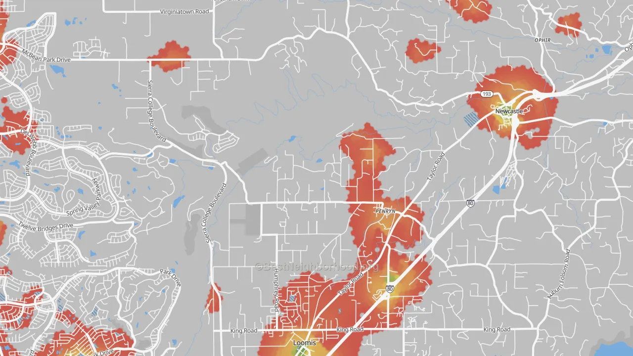 Walk Grade map of Penryn, CA, walkable areas in green and car-dependent areas in red