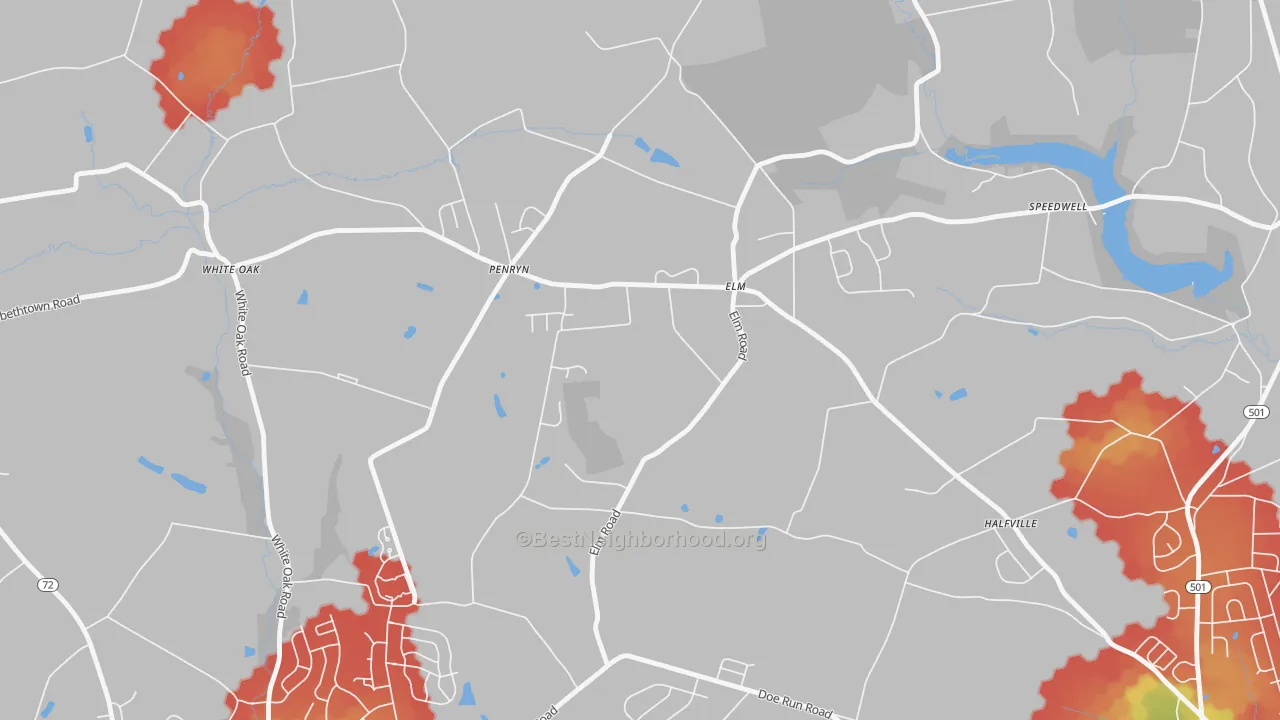 Walk Grade map of Penryn, PA, walkable areas in green and car-dependent areas in red