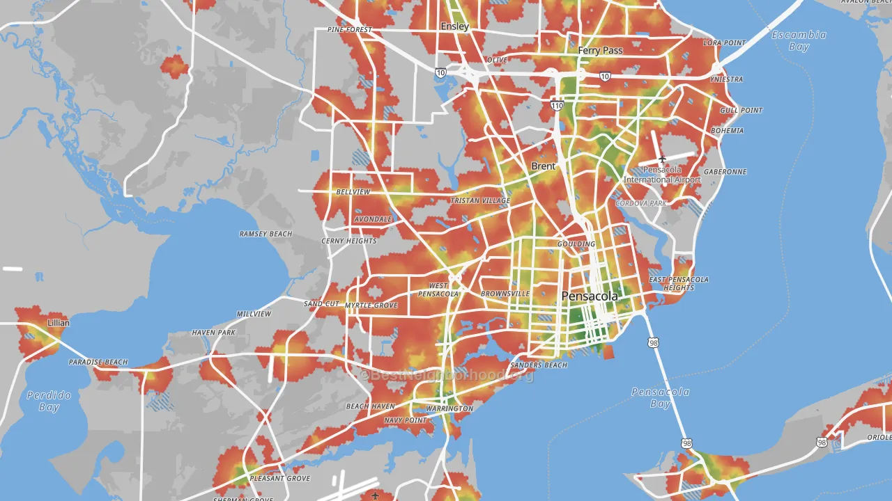 Walk Grade map of Pensacola, FL, walkable areas in green and car-dependent areas in red