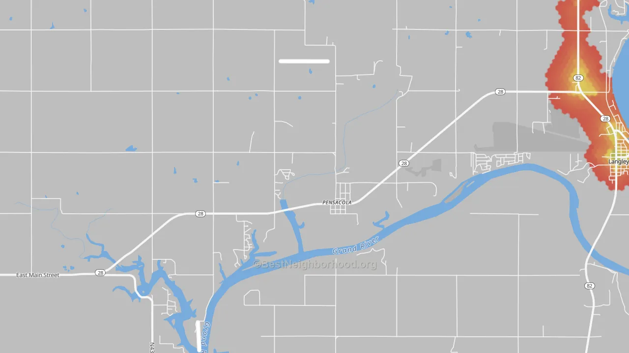 Walk Grade map of Pensacola, OK, walkable areas in green and car-dependent areas in red