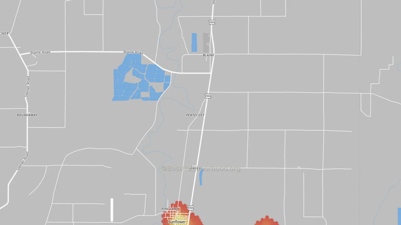 Walk Grade map of Pentecost, MS, walkable areas in green and car-dependent areas in red