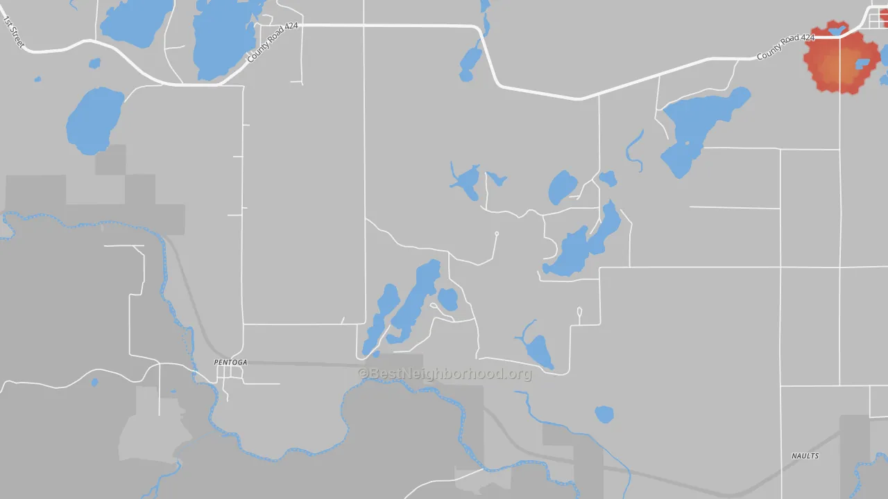 Walk Grade map of Pentoga, MI, walkable areas in green and car-dependent areas in red