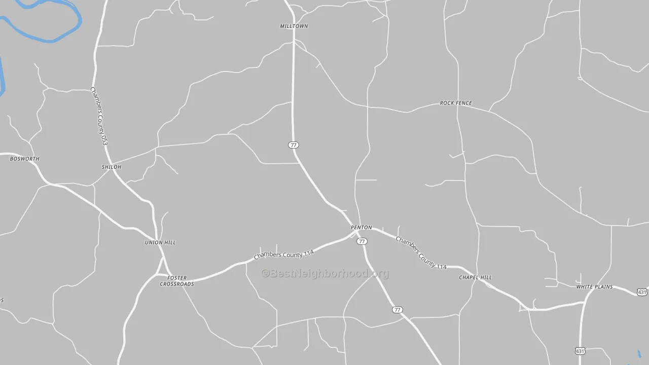 Walk Grade map of Penton, AL, walkable areas in green and car-dependent areas in red