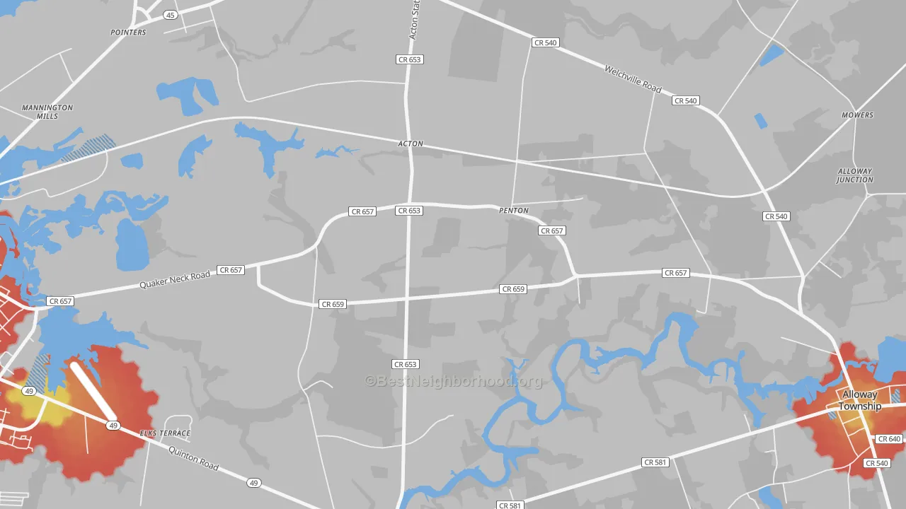 Walk Grade map of Penton, NJ, walkable areas in green and car-dependent areas in red