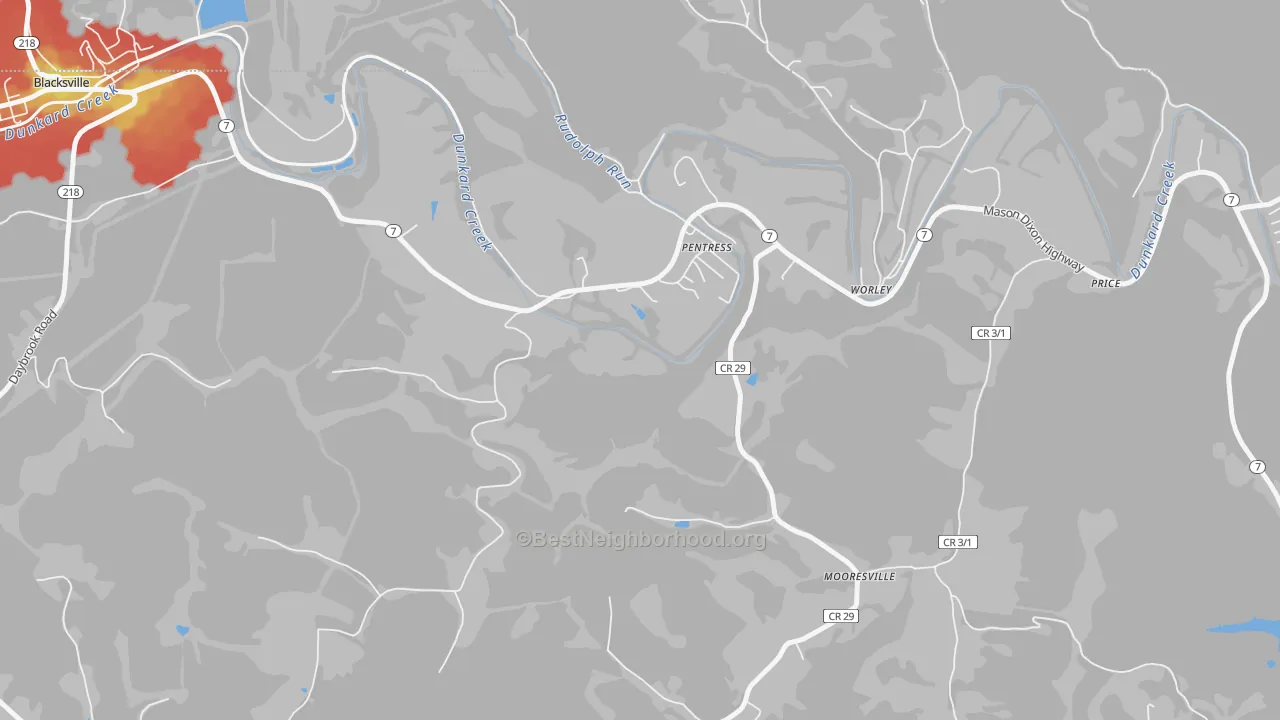 Walk Grade map of Pentress, WV, walkable areas in green and car-dependent areas in red