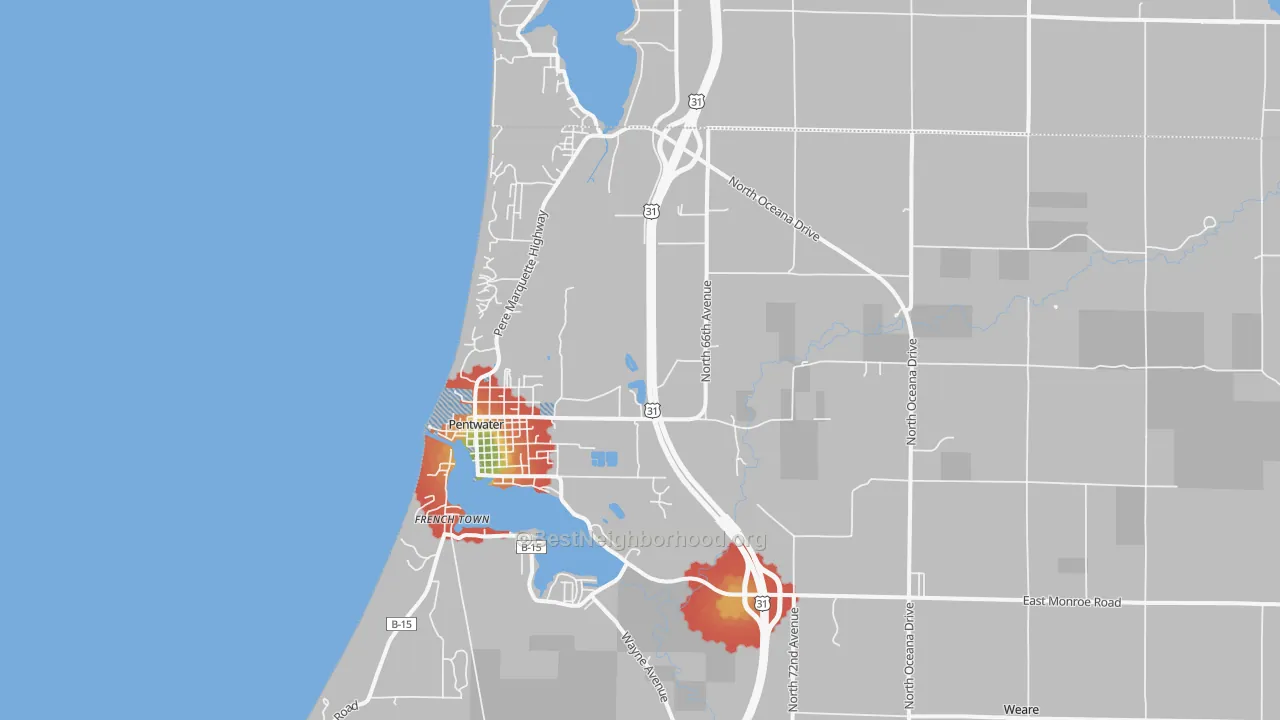 Walk Grade map of Pentwater, MI, walkable areas in green and car-dependent areas in red