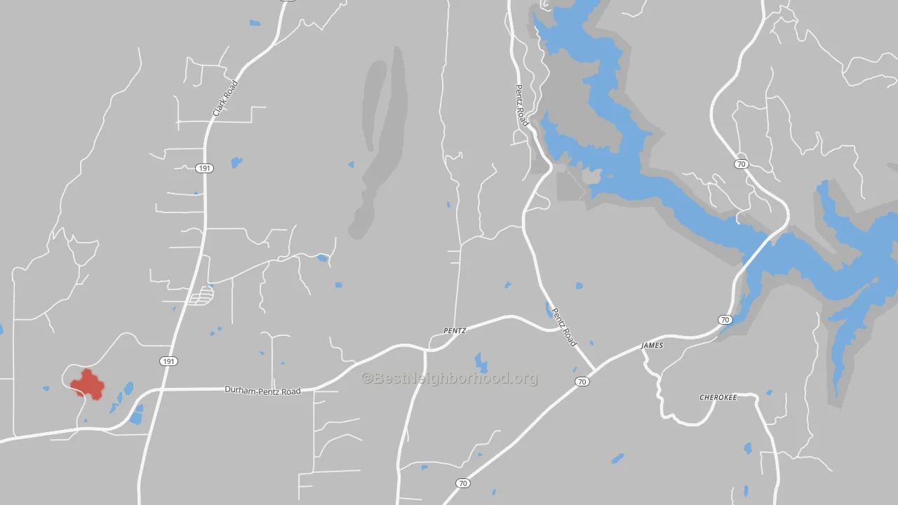 Walk Grade map of Pentz, CA, walkable areas in green and car-dependent areas in red