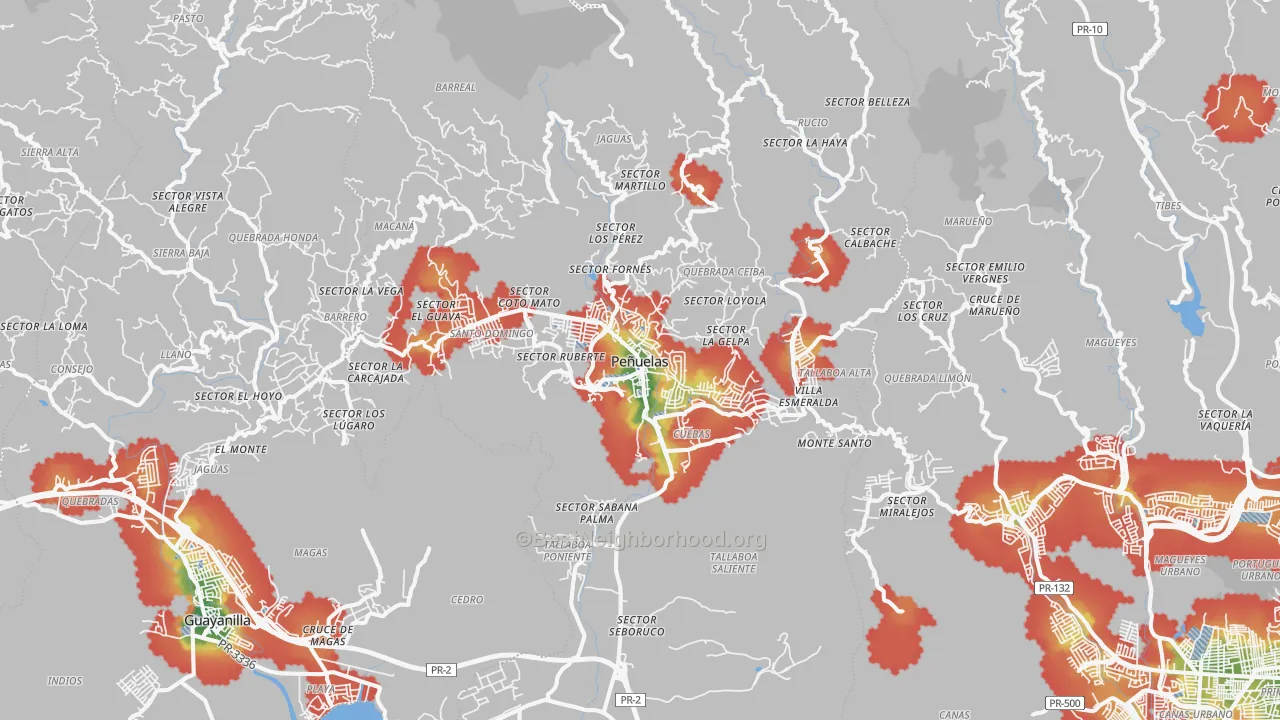 Walk Grade map of Penuelas Municipio, PR, walkable areas in green and car-dependent areas in red
