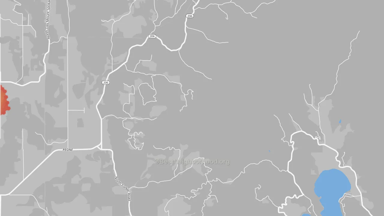 Walk Grade map of Peone, WA, walkable areas in green and car-dependent areas in red