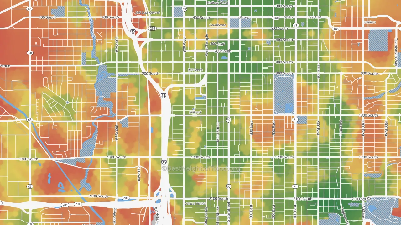 Walk Grade map of People's Freeway, Salt Lake City, UT, walkable areas in green and car-dependent areas in red