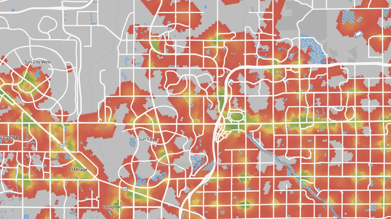 Walk Grade map of Peoria, AZ, walkable areas in green and car-dependent areas in red