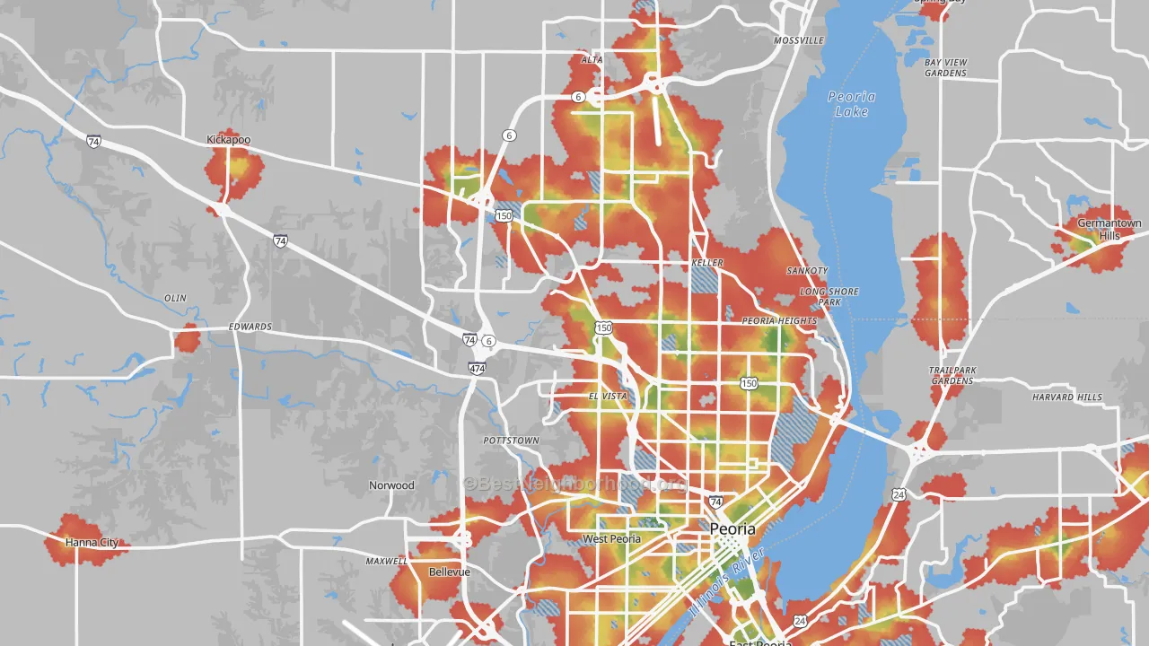 Walk Grade map of Peoria County, IL, walkable areas in green and car-dependent areas in red