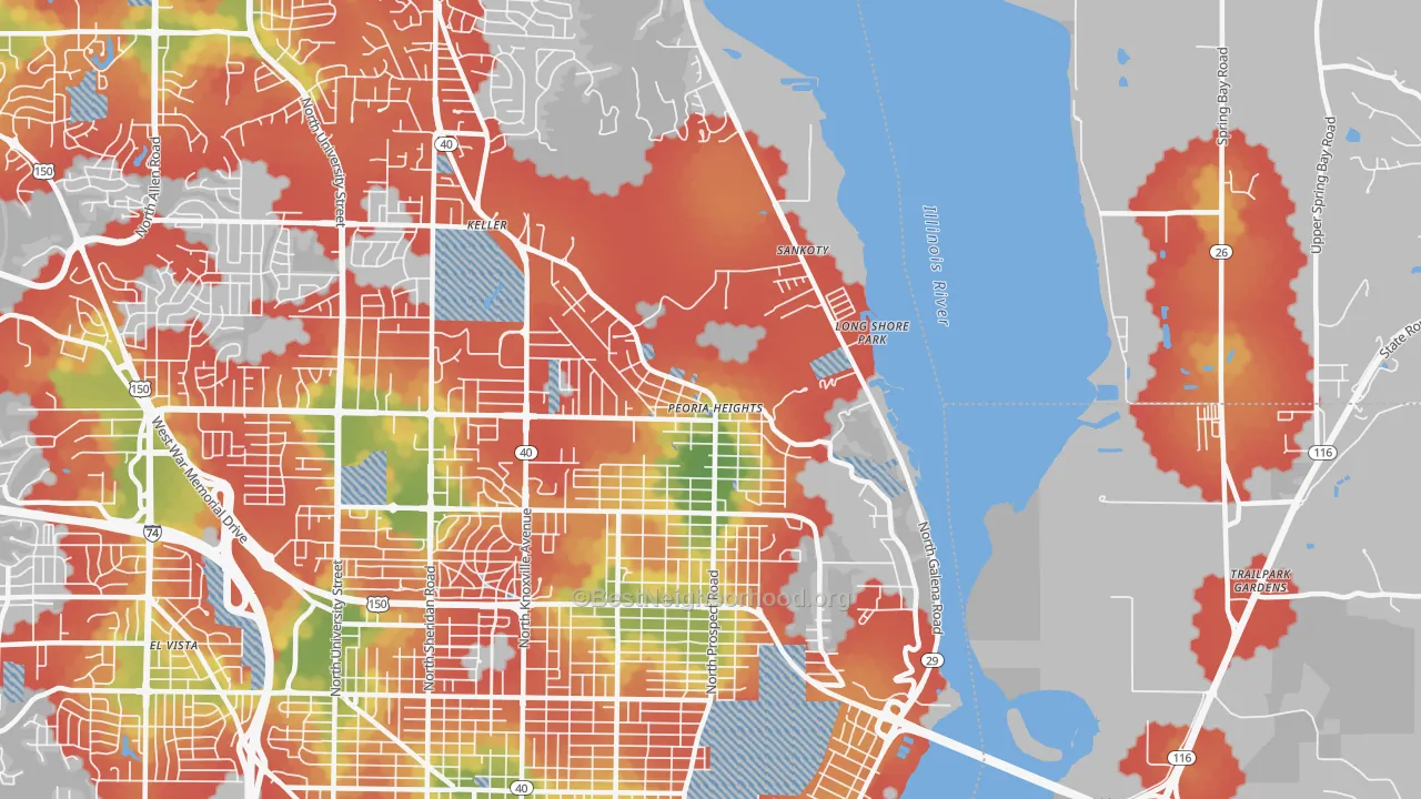 Walk Grade map of Peoria Heights, IL, walkable areas in green and car-dependent areas in red