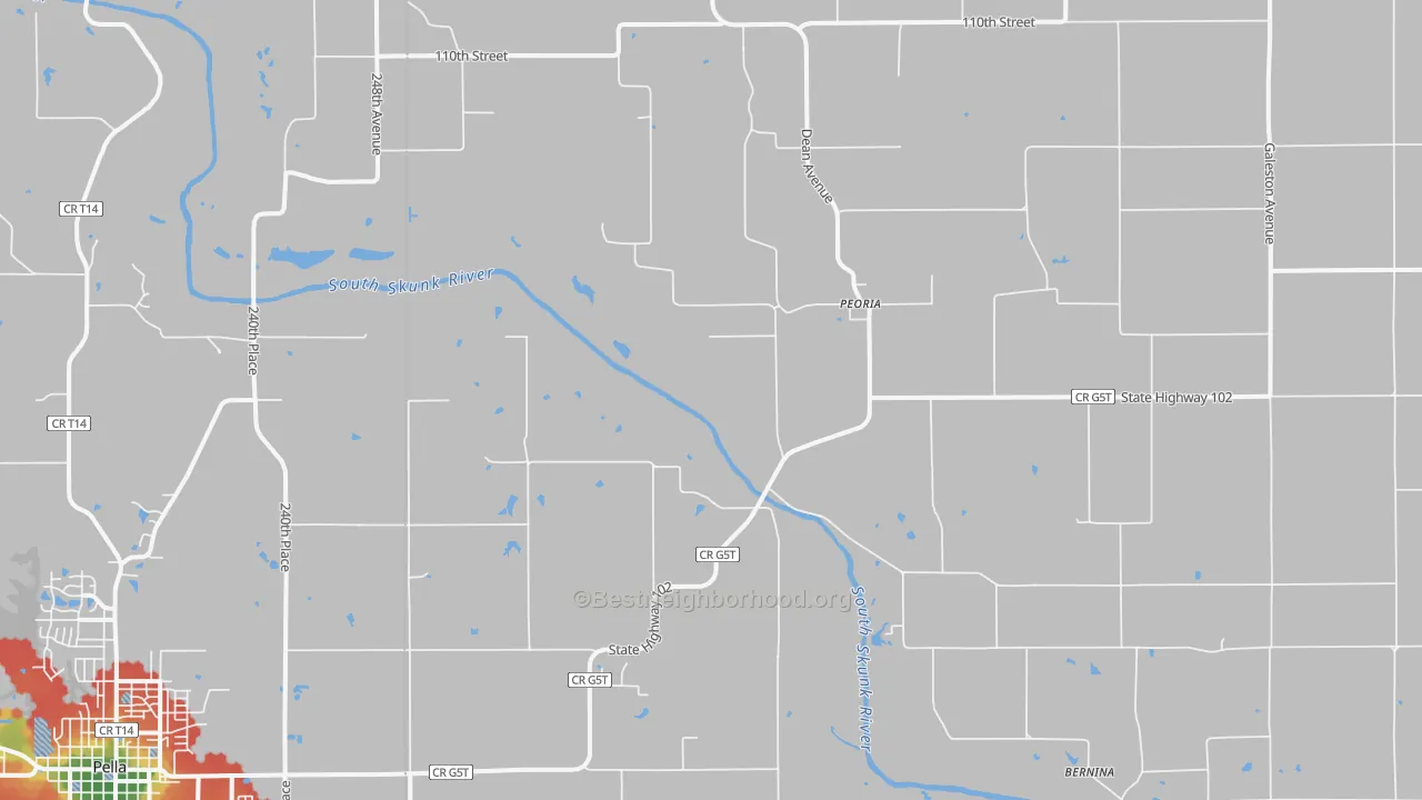 Walk Grade map of Peoria, IA, walkable areas in green and car-dependent areas in red