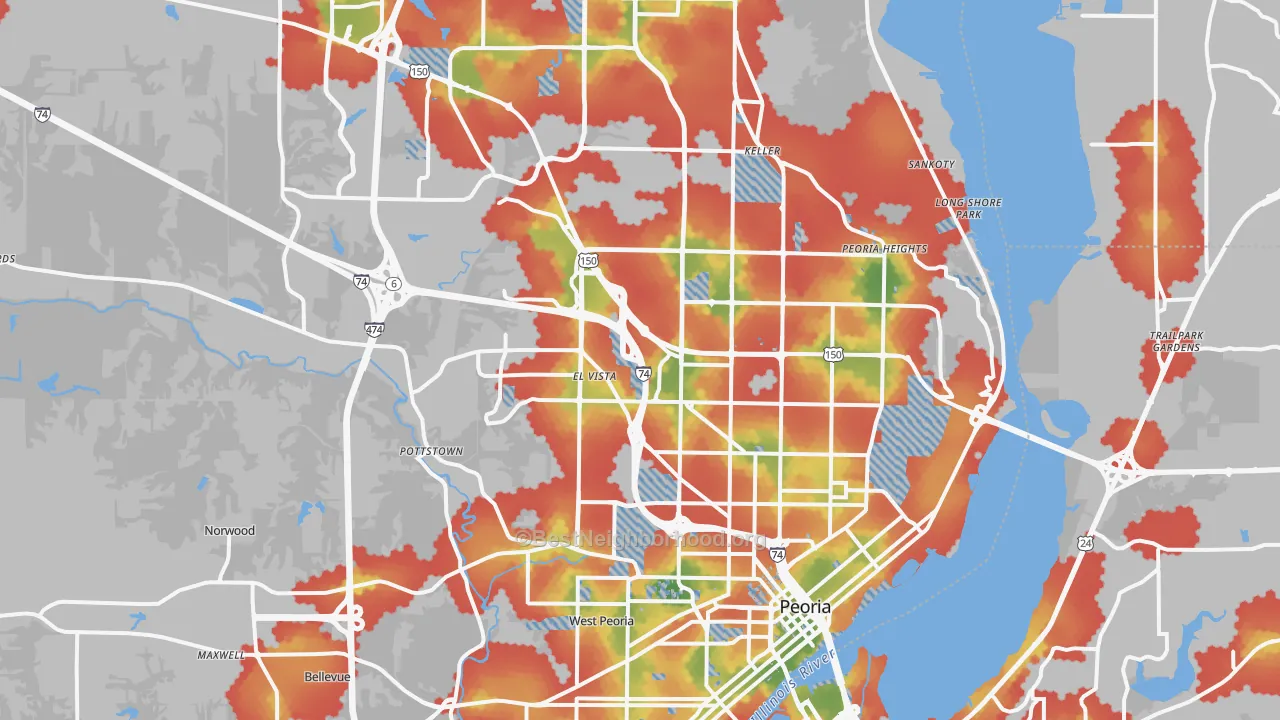 Walk Grade map of Peoria, IL, walkable areas in green and car-dependent areas in red