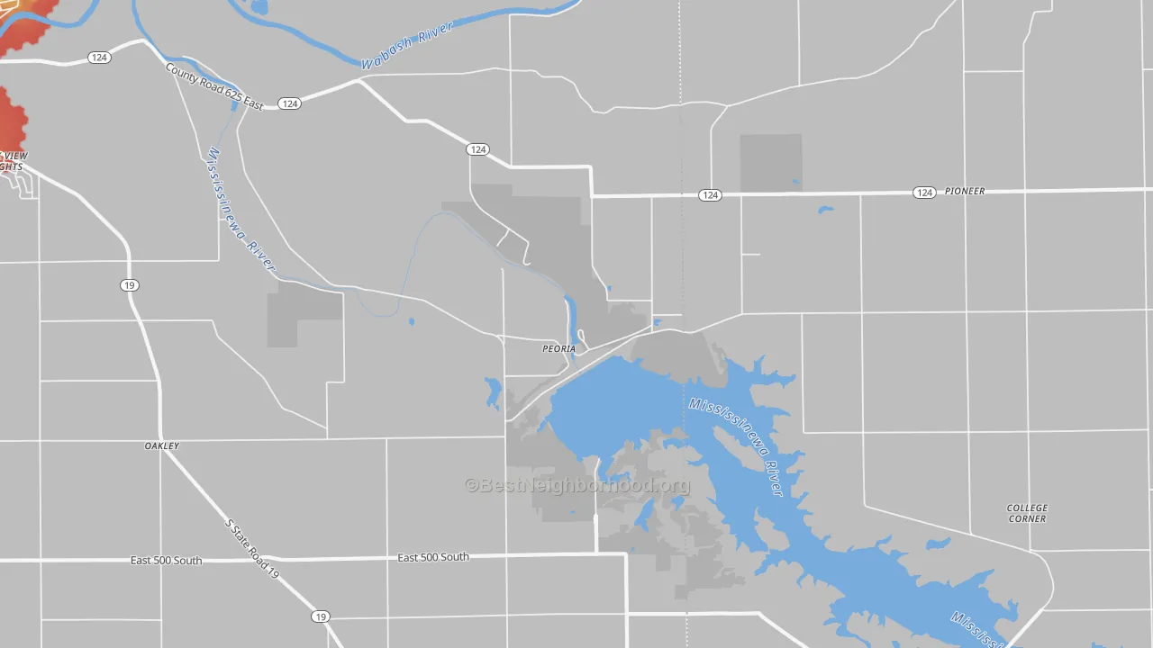 Walk Grade map of Peoria, IN, walkable areas in green and car-dependent areas in red