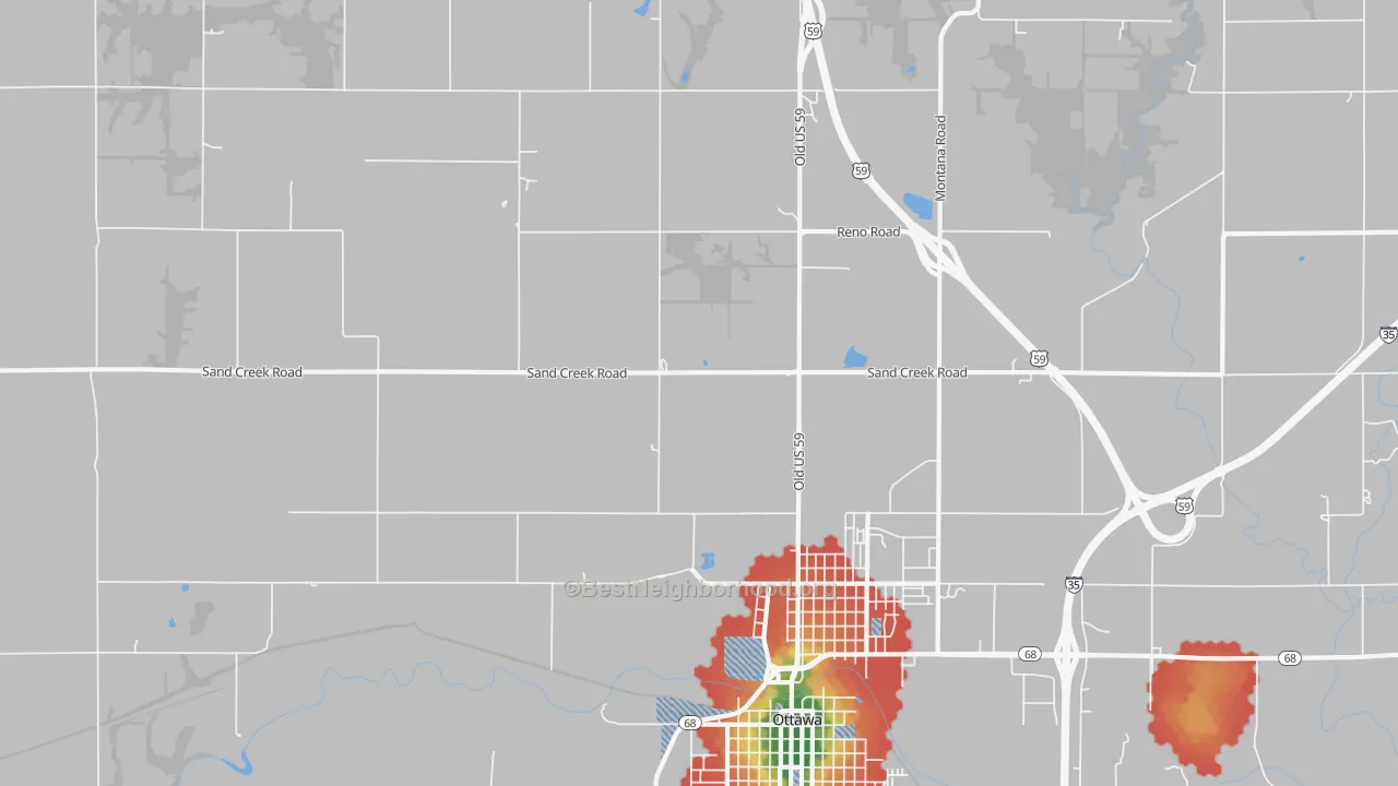 Walk Grade map of Peoria, KS, walkable areas in green and car-dependent areas in red