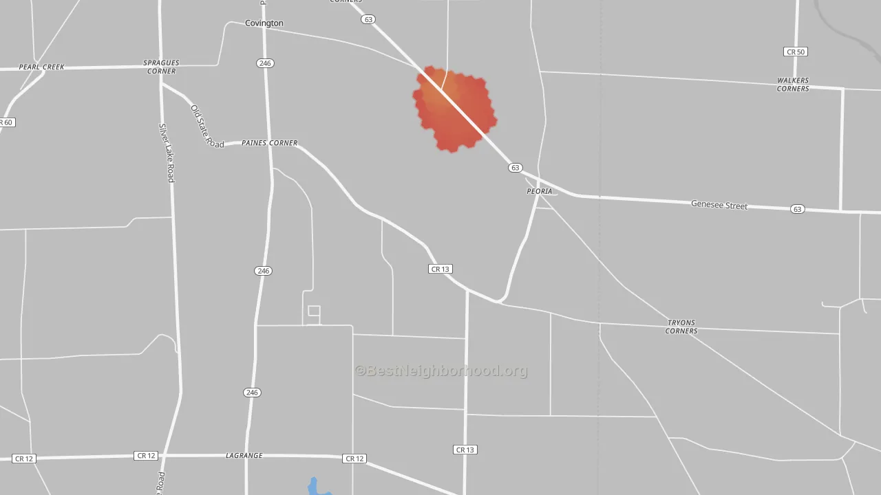 Walk Grade map of Peoria, NY, walkable areas in green and car-dependent areas in red