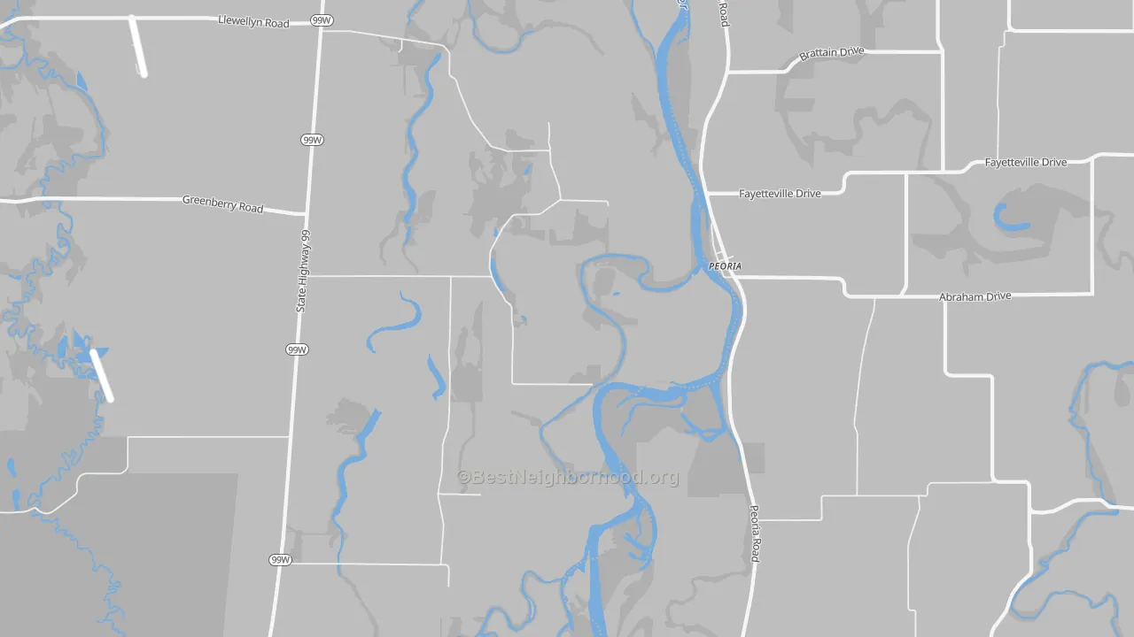 Walk Grade map of Peoria, OR, walkable areas in green and car-dependent areas in red