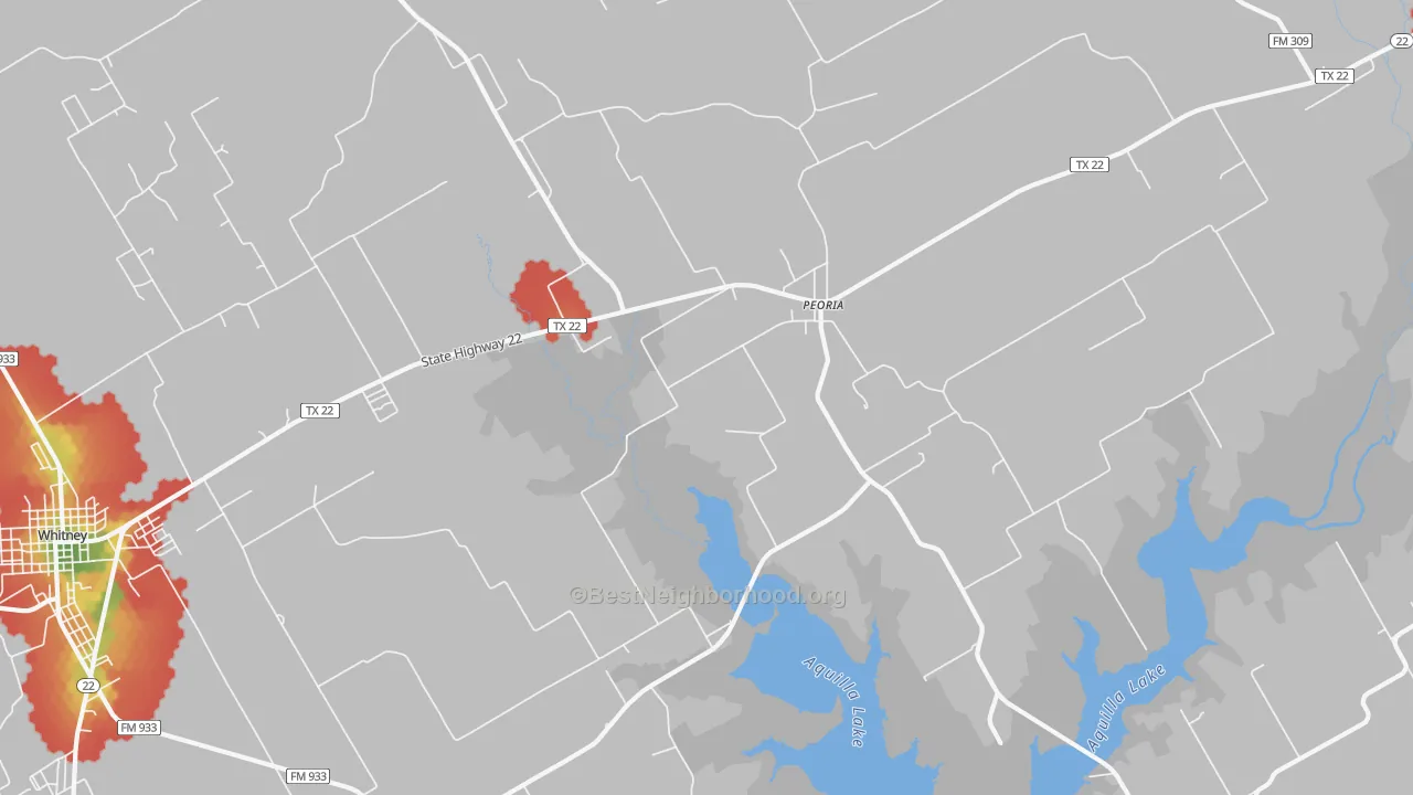 Walk Grade map of Peoria, TX, walkable areas in green and car-dependent areas in red