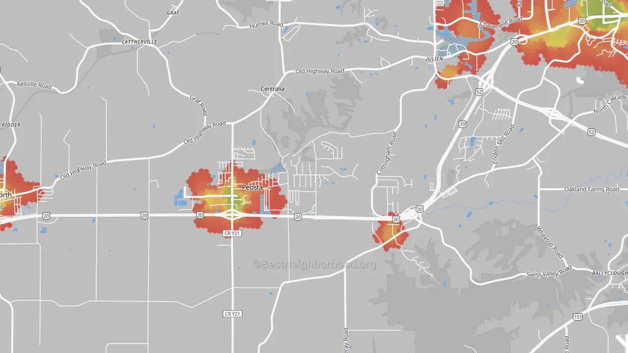 Walk Grade map of Peosta, IA, walkable areas in green and car-dependent areas in red