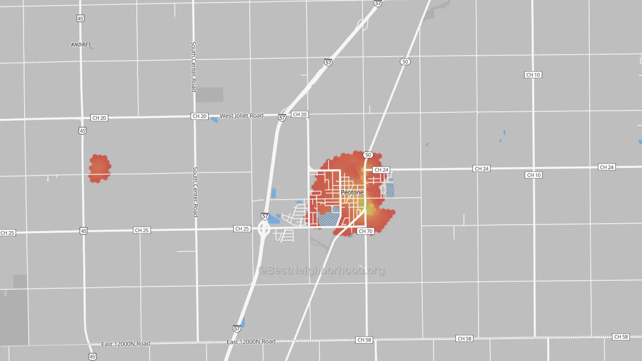 Walk Grade map of Peotone, IL, walkable areas in green and car-dependent areas in red