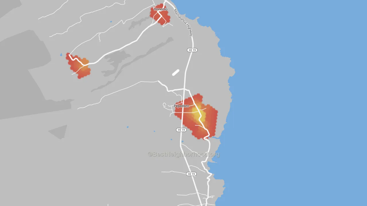 Walk Grade map of Pepeekeo, HI, walkable areas in green and car-dependent areas in red