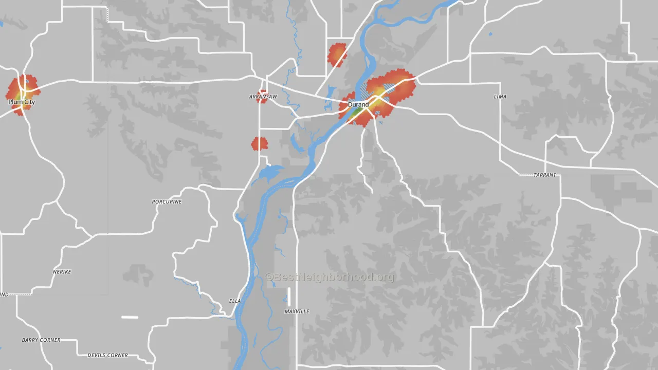 Walk Grade map of Pepin County, WI, walkable areas in green and car-dependent areas in red