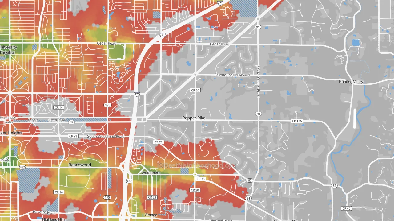 Walk Grade map of Pepper Pike, OH, walkable areas in green and car-dependent areas in red