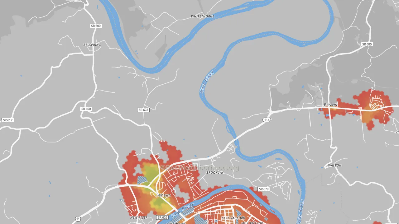 Walk Grade map of Pepper, VA, walkable areas in green and car-dependent areas in red