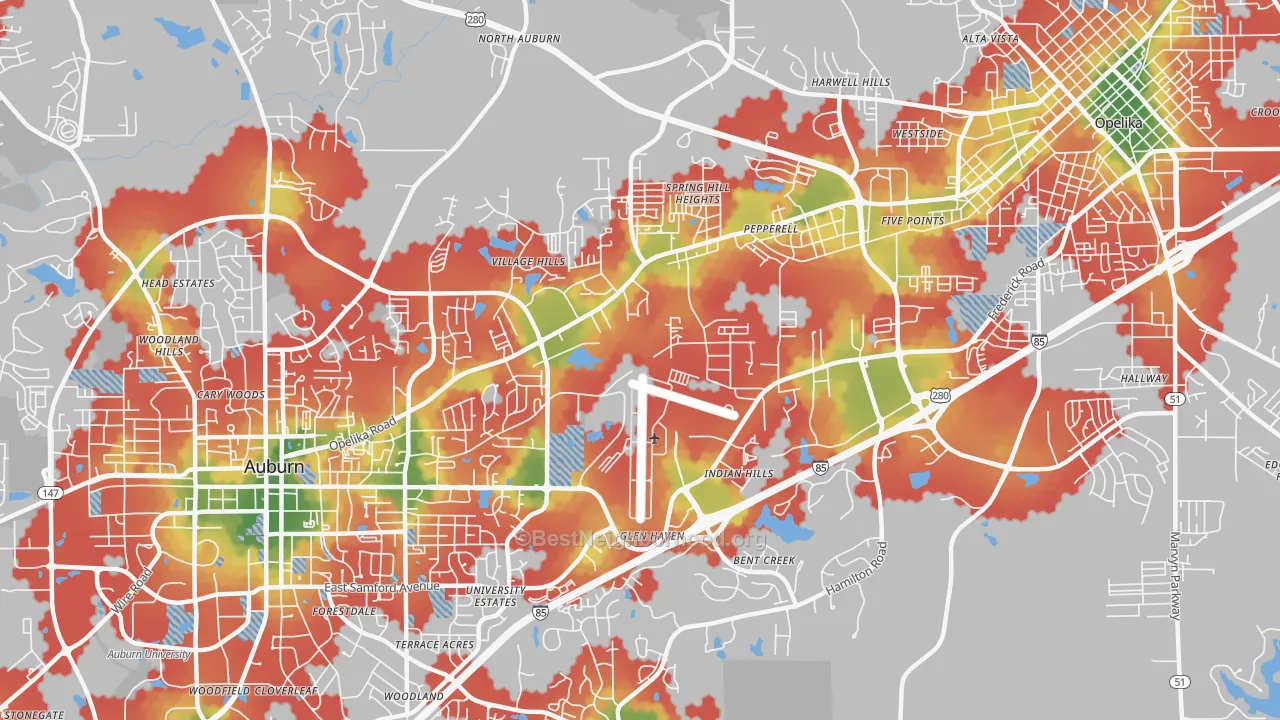 Walk Grade map of Pepperell, AL, walkable areas in green and car-dependent areas in red