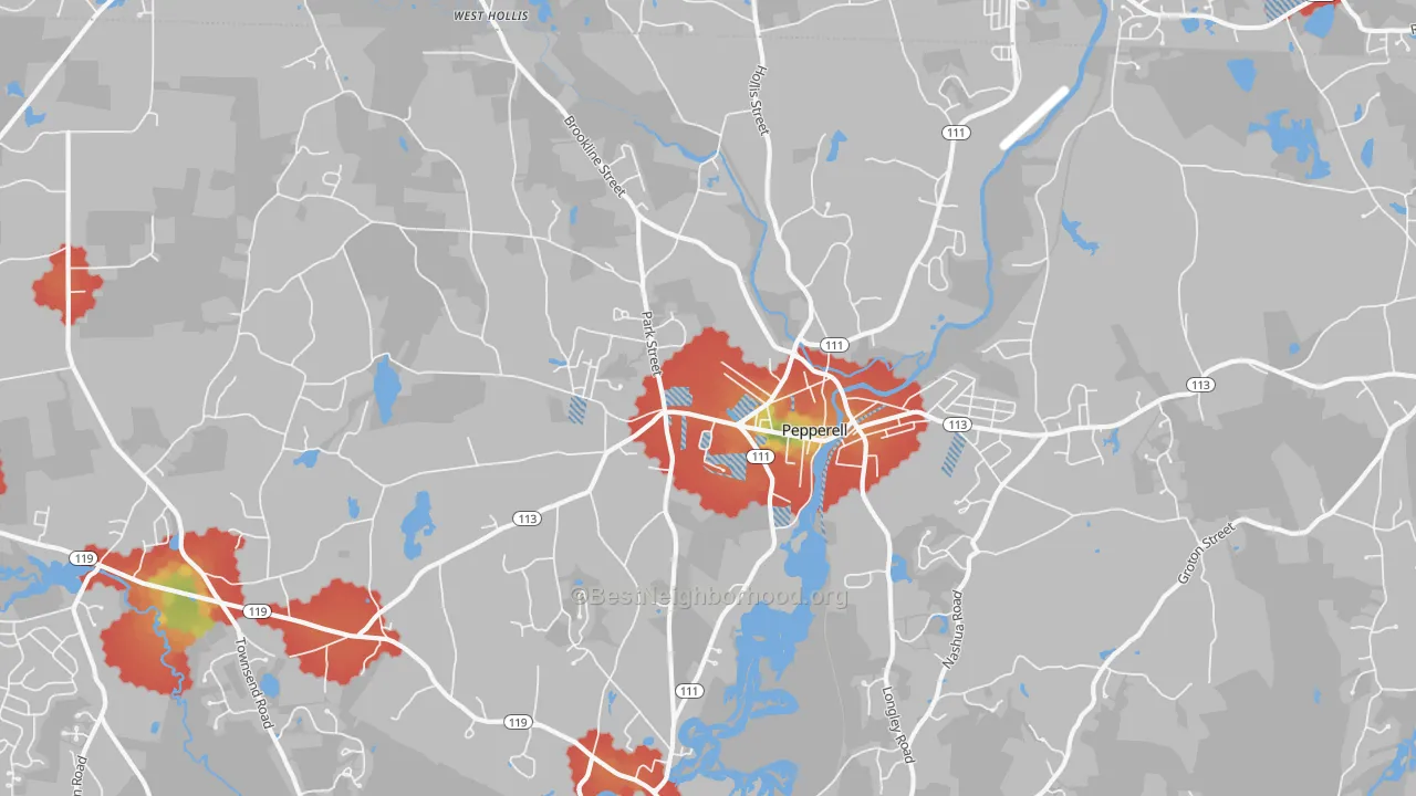 Walk Grade map of Pepperell, MA, walkable areas in green and car-dependent areas in red